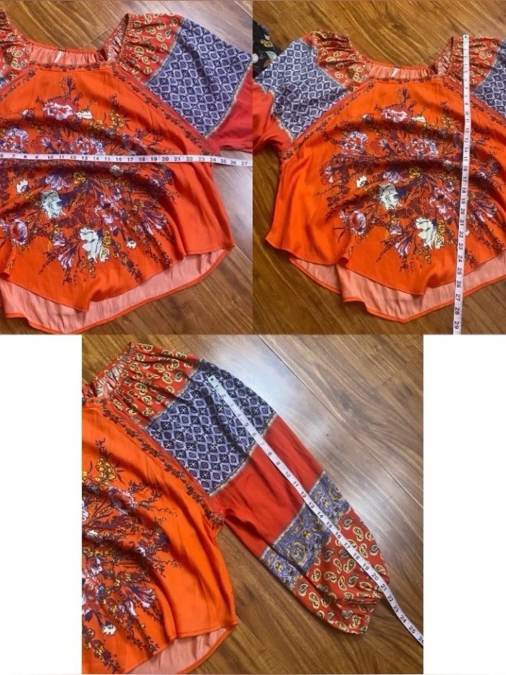 Free People Women Orange Red Paisley Satin Balloon Sleeve Blouse Size Large Boho